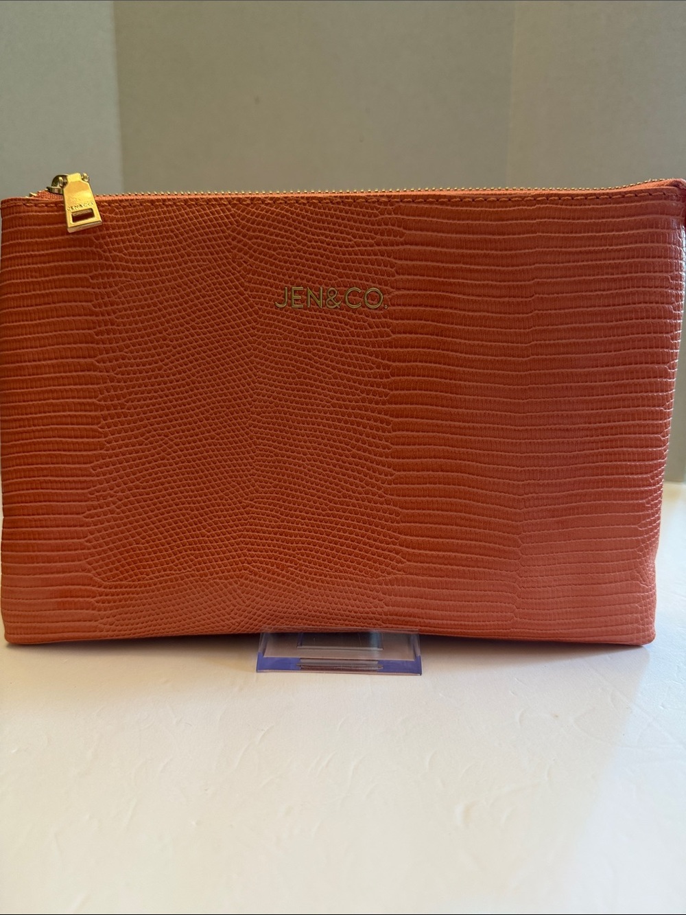 JEN & CO Orange Lizard-Embossed Zip Bag 10” x 7” x 3” Deep